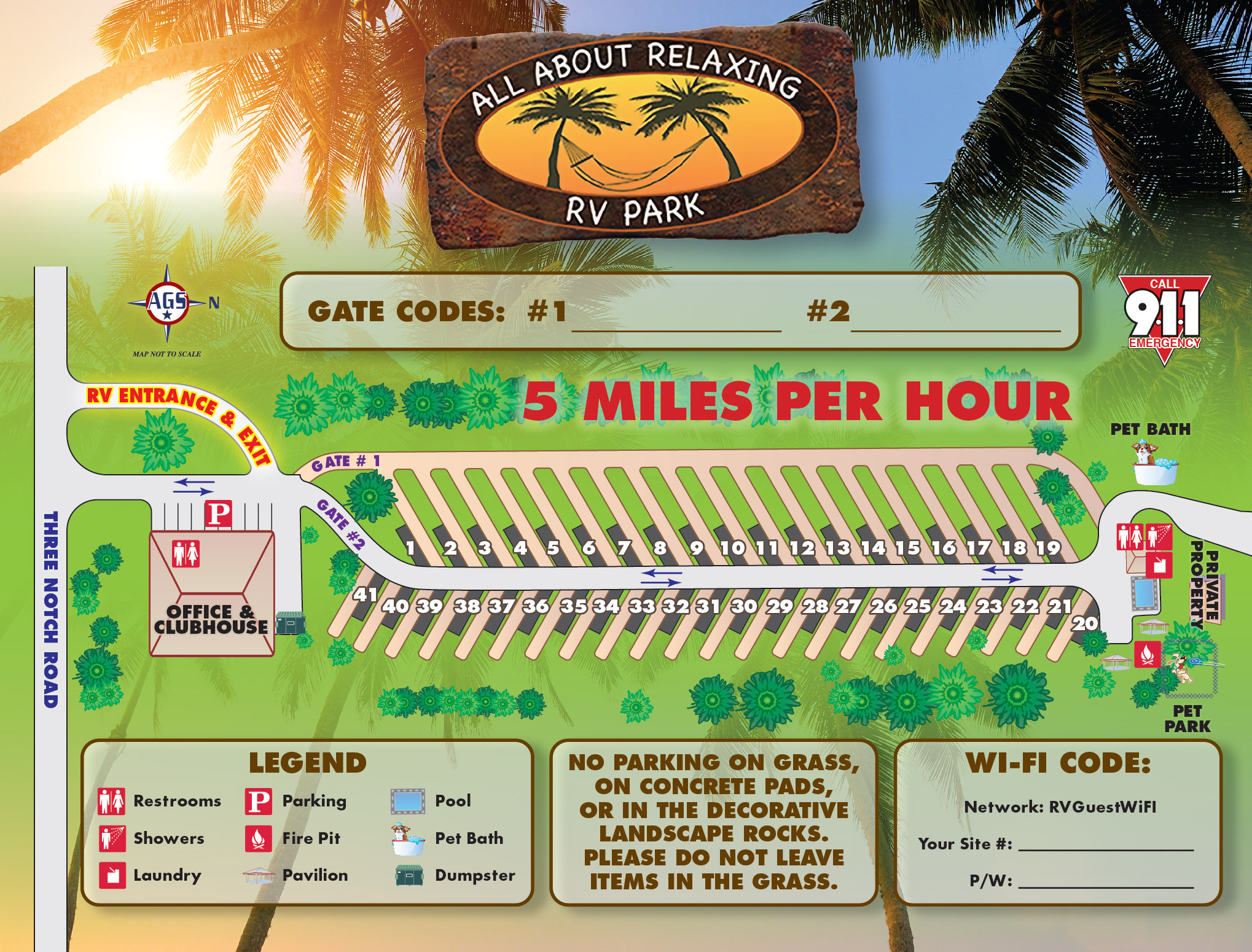 Park Site Map, 41 sites with pull thru and back-ins